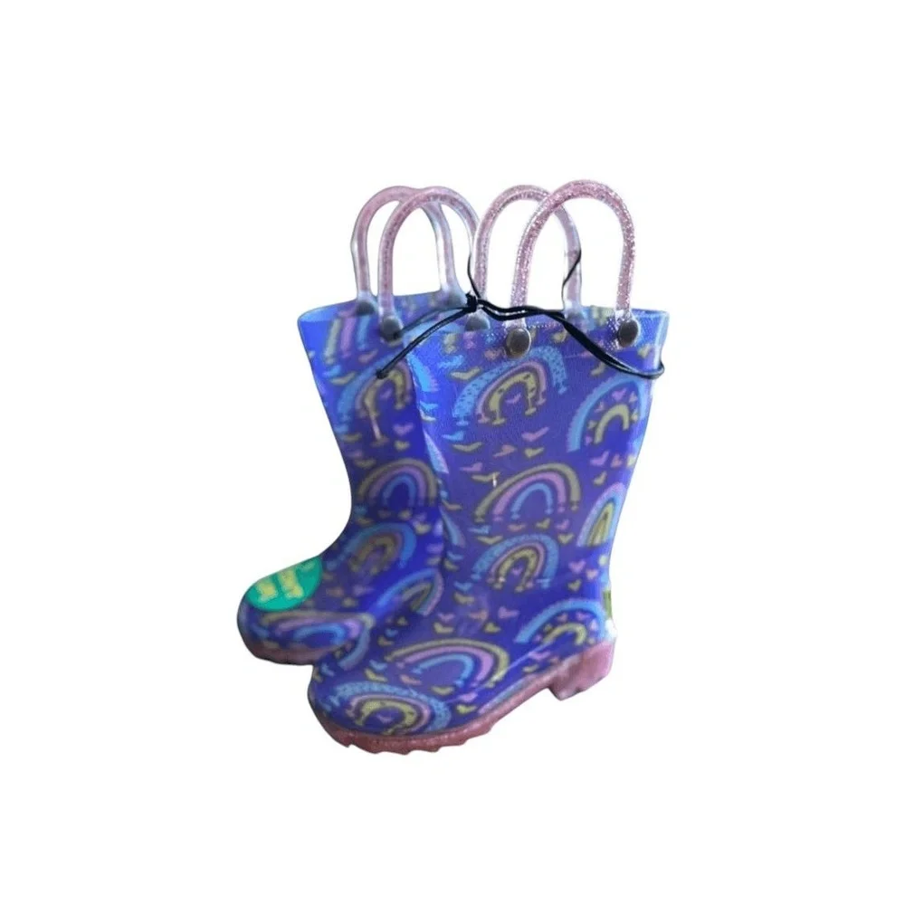NWT Western Chief Toddler Girls‎ Abby Rainbow Hearts Glitter Light-Up Rain Boots